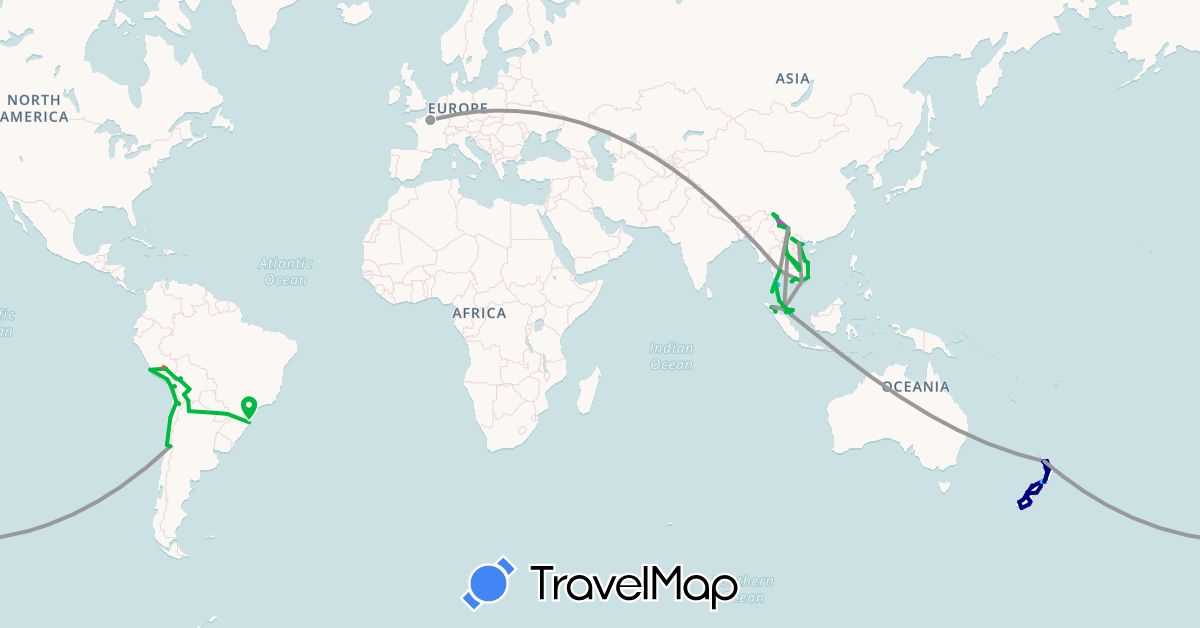 TravelMap itinerary: driving, bus, plane, cycling, train, hiking, boat in Argentina, Bolivia, Brazil, Chile, China, France, Indonesia, Cambodia, Laos, Malaysia, New Zealand, Peru, Paraguay, Singapore, Thailand, Vietnam (Asia, Europe, Oceania, South America)